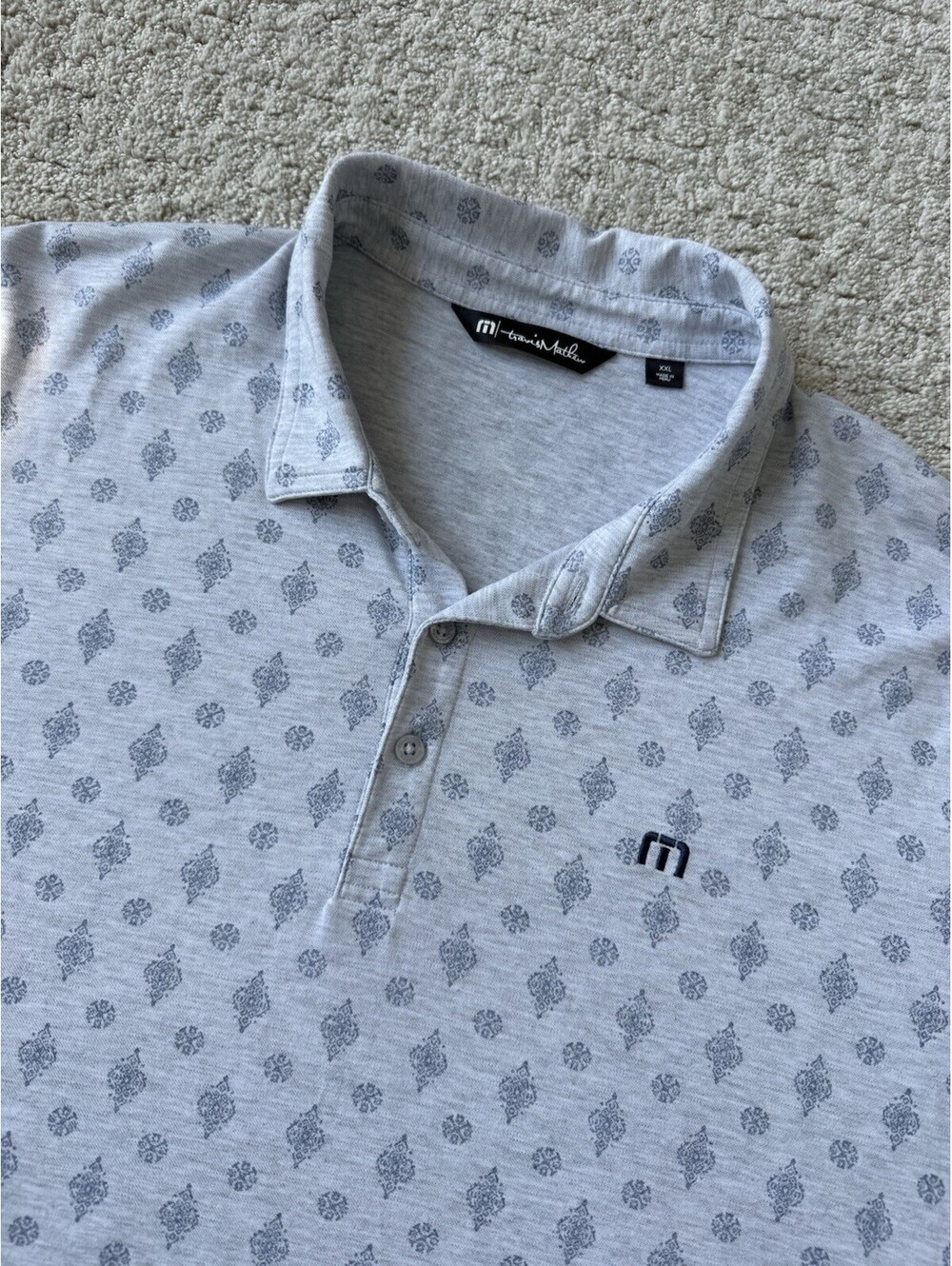 TravisMathew Men’s XXL Polo Shirt Gray Blue Geometric Print Stretch Golf